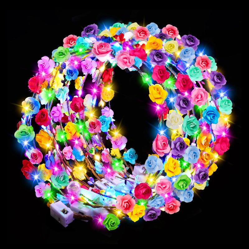 HONLYNE 24 PCS LED Flower Crowns Headbands Light Up Flower Crowns for Women  Girls Glow in The Dark Flower Hairbands Wreath for Wedding Beach Party Birthday Cosplay Gifts Halloween Christmas